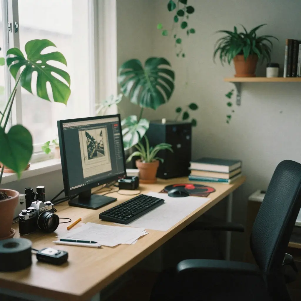 Our team workspace with plants